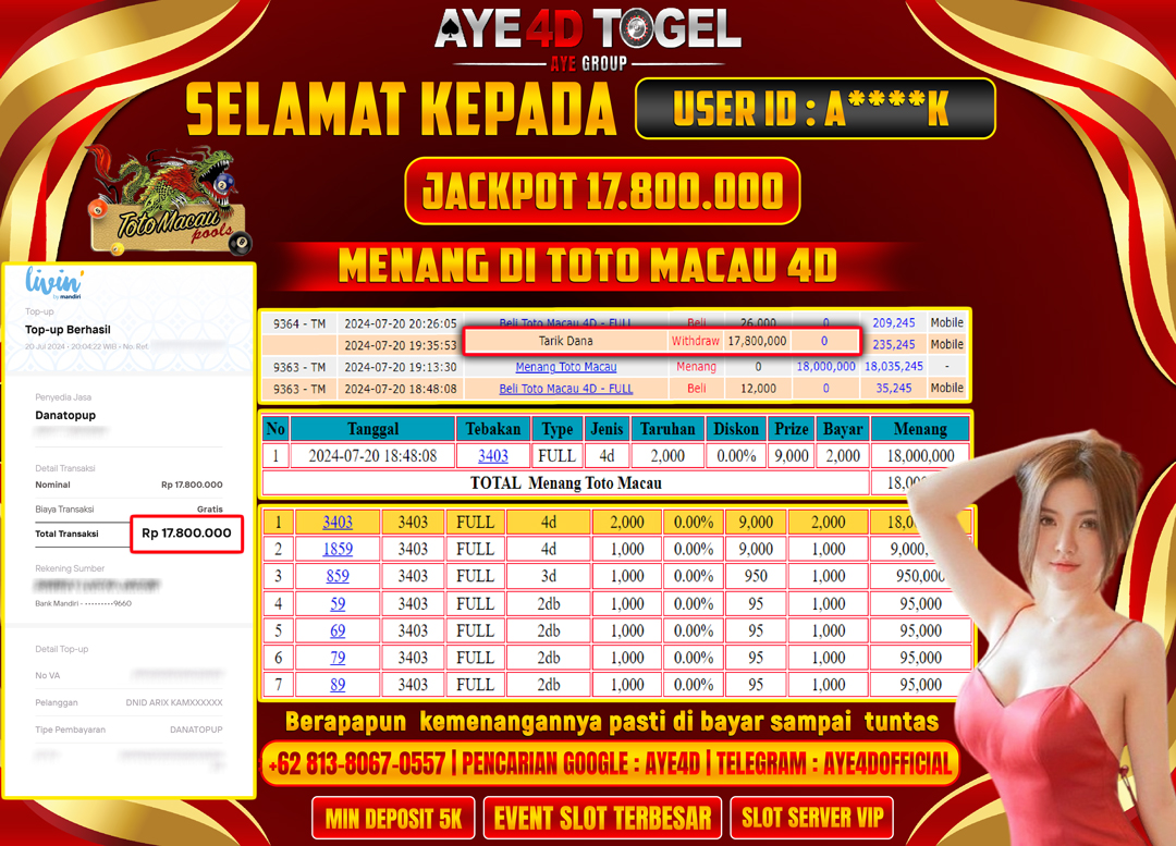 BUKTI KEMENANGAN TOGEL 17,8 JUTA DIBAYAR LUNAS DI AYE4D