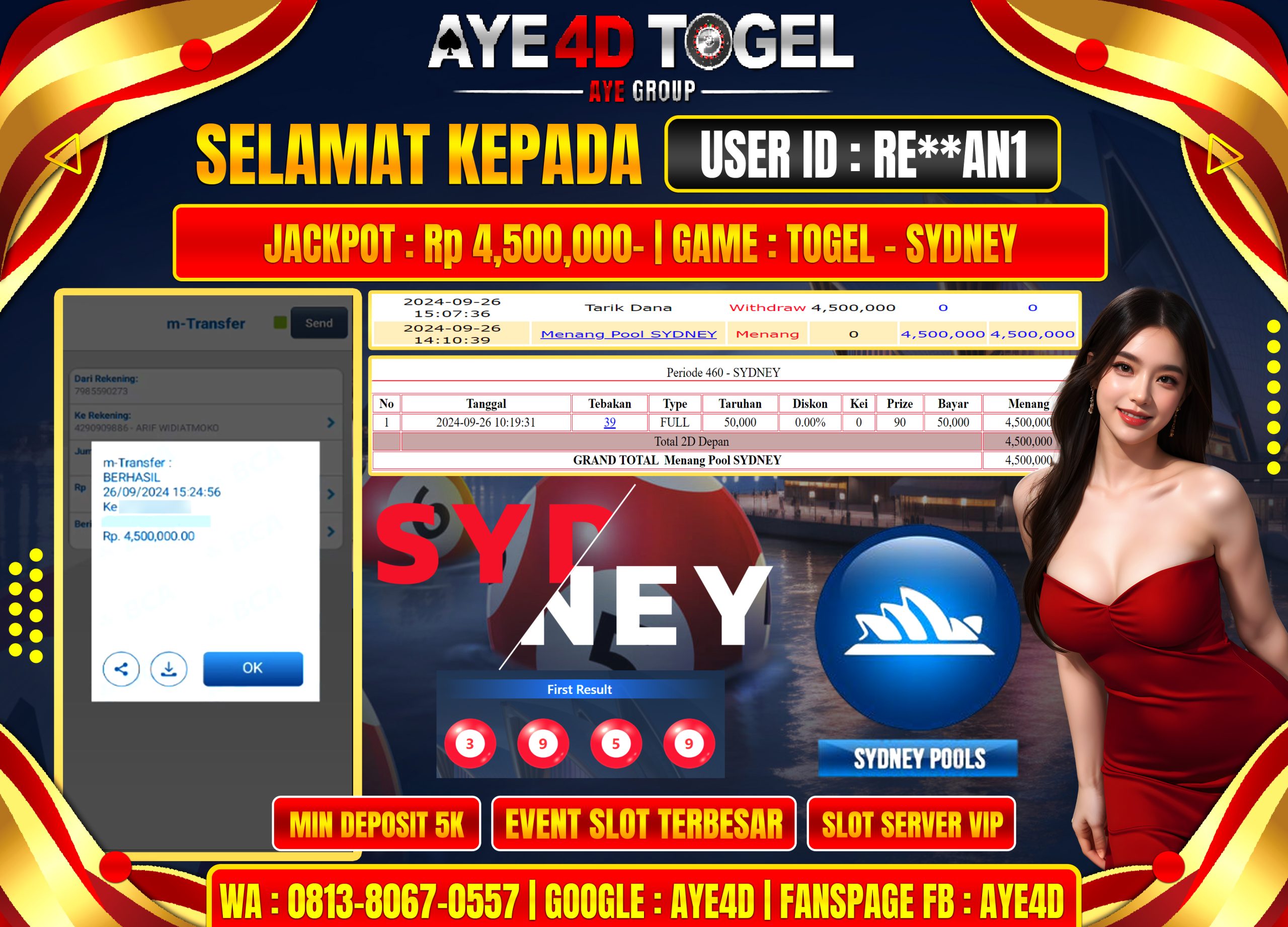 BUKTI KEMENANGAN TOGEL 4,5 JUTA DIBAYAR LUNAS DI AYE4D